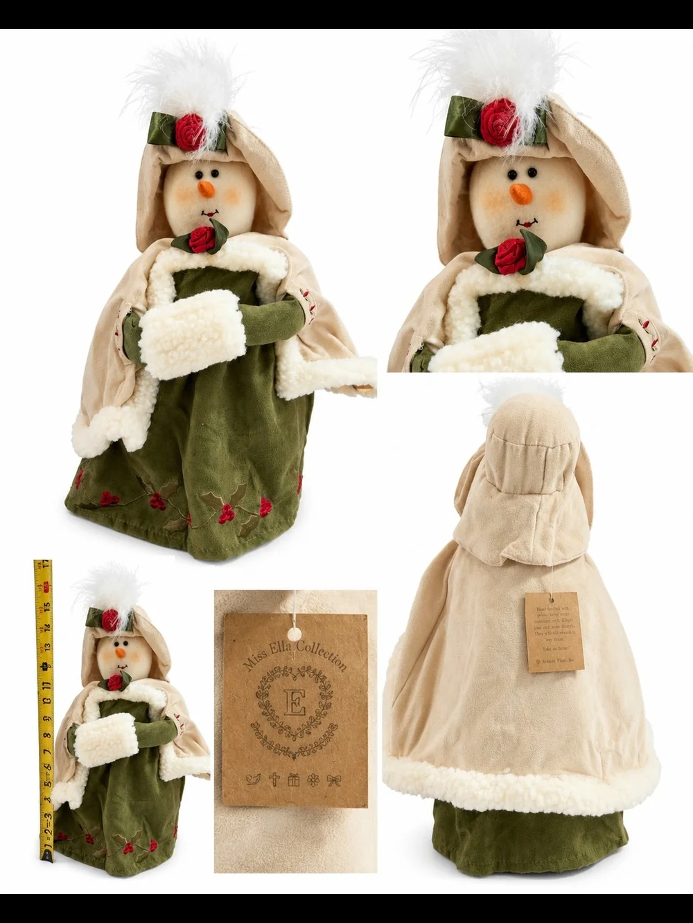 Festive Olive Green Snowwoman Figurine with Cream Trim